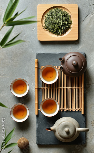 a table with tea and tea cups