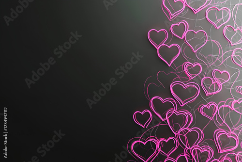 A striking Valentine's Day background featuring soft pink hearts scattered across a sleek black backdrop. The contrast between the vibrant hearts and dark background creates a bold and romantic atmosp photo