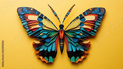Colorful paper butterfly on yellow background, nature art, craft design, decoration