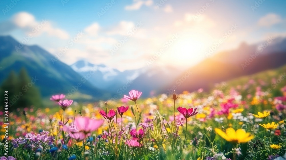 Fototapeta premium Vibrant wildflowers bloom in a sunlit mountain meadow