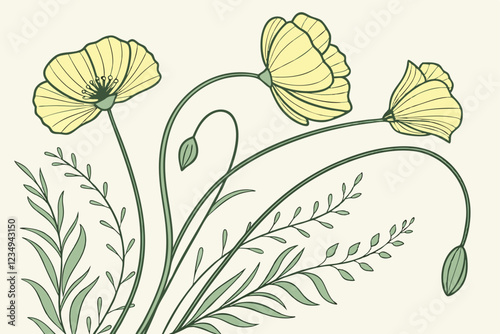 Delicate yellow poppies, watercolor illustration, soft pastel colors, minimalist floral design, long green stems, white background, botanical art, gentle curves, transparent petals, simple elegance, w