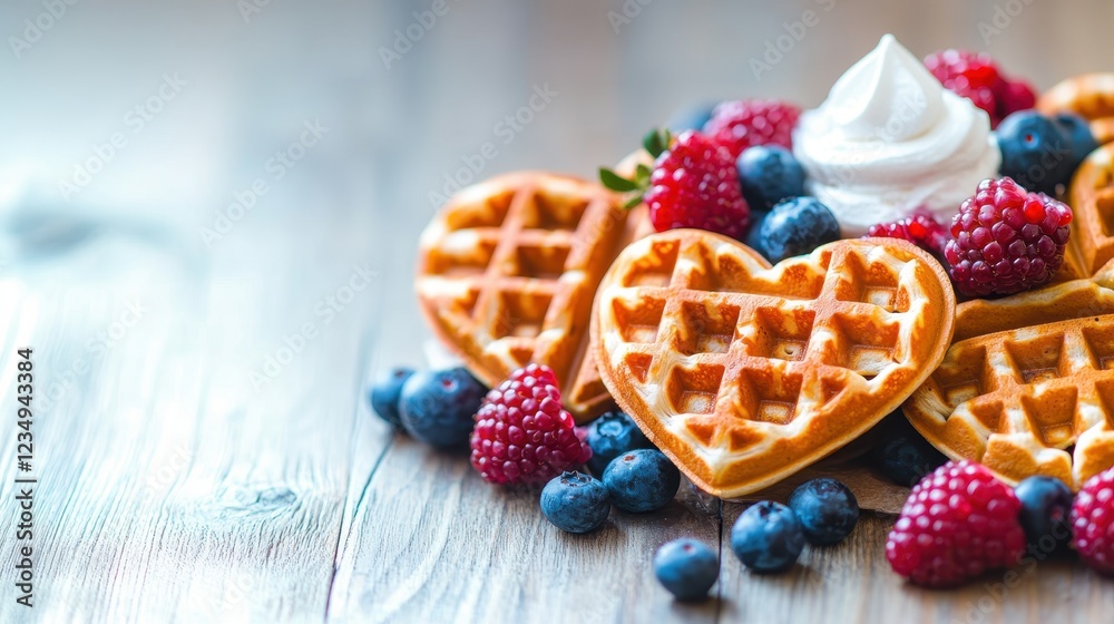 Heart-shaped waffles topped with berries and cream on a wooden table. Heart-shaped waffles topped with berries and cream on a wooden table.
