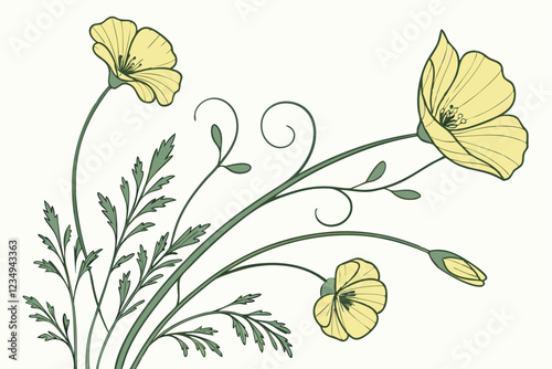 Delicate yellow poppies, watercolor illustration, soft pastel colors, minimalist floral design, long green stems, white background, botanical art, gentle curves, transparent petals, simple elegance, w
