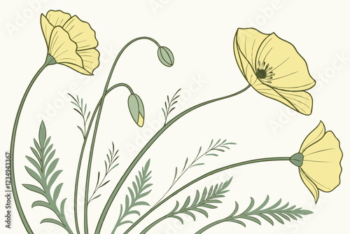 Delicate yellow poppies, watercolor illustration, soft pastel colors, minimalist floral design, long green stems, white background, botanical art, gentle curves, transparent petals, simple elegance, w