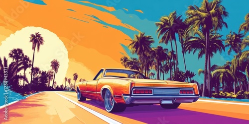 Classic Car Cruise Along Tropical Palm Tree Lined Road