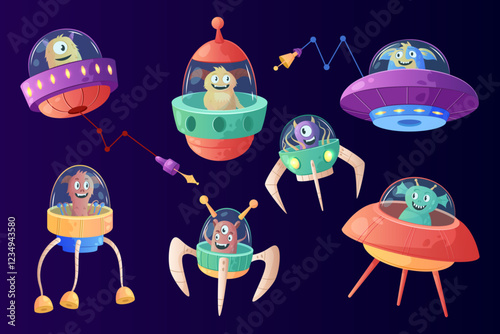 Funny cartoon alien. Space character in spaceship. Arcade game. Cute galactic UFO flying saucer. Universe shuttle. Extraterritorial astronauts invasion. Galaxy spacecraft. Vector cosmic garish set