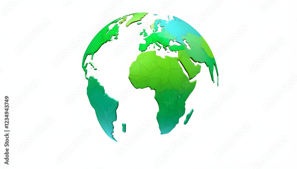 Fototapeta premium Globe Earth World Planet Map Blue Green Geography European Africa Asia Continent 3d illustration render digital rendering, sticker style, with white tones