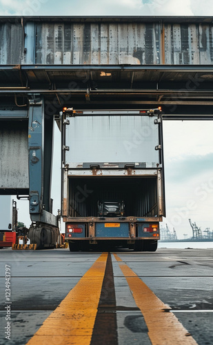 a truck is driving under a bridge