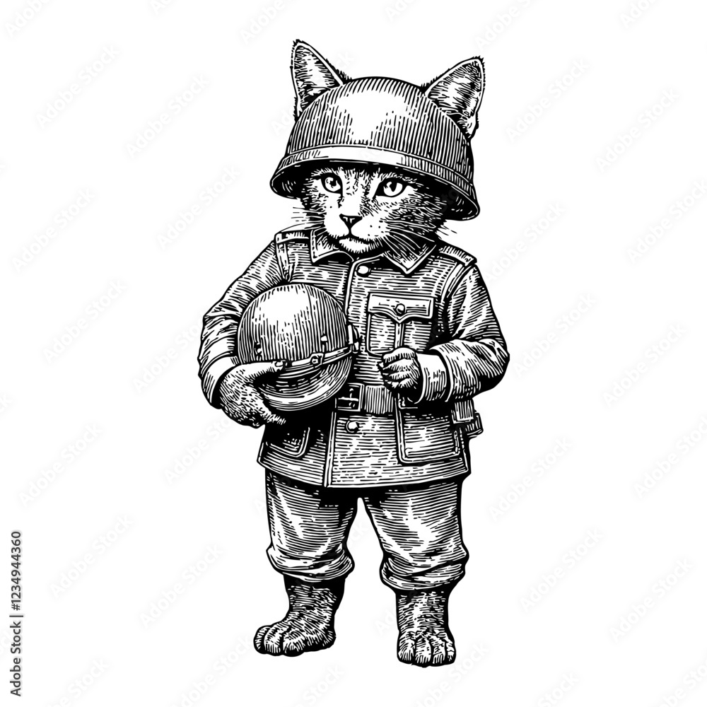 Fototapeta premium Cat Humanoid Soldier Wearing Military Costume and Helmet Black and White Outline Line Art Drawing
