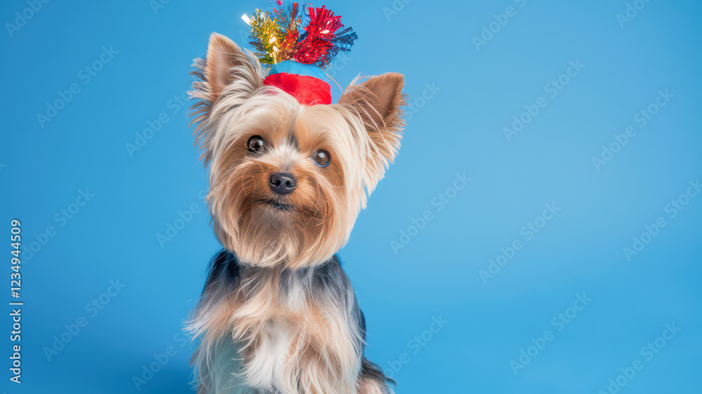 Naklejka premium Yorkshire Terrier in festive attire against a blue backdrop.