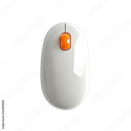 A close-up image shows a white computer mouse featuring a single bright orange button. photo