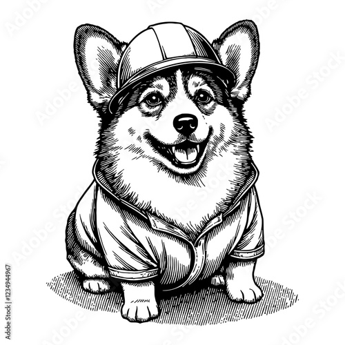 Corgi Dog Smiling Wearing Construction Helmet and Costume Black and White Outline Line Art Drawing