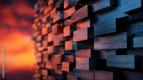 close up of textured wall with wooden blocks, illuminated by warm sunset light, creating dramatic and artistic effect. interplay of light and shadow enhances depth and texture of surface