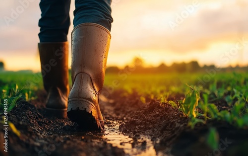 Person wearing rubber boots walking through muddy agricultural field at sunset, showcasing nature's beauty