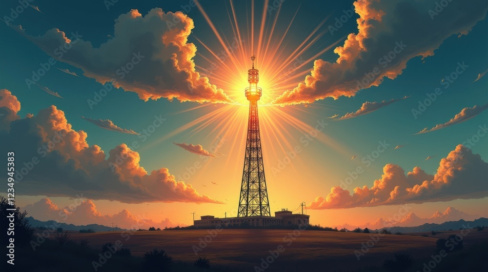 Radiowaves of sound and voice emanate from a tower at sunrise in a serene landscape Radiowaves of sound and voice emanate from a tower at sunrise in a serene landscape