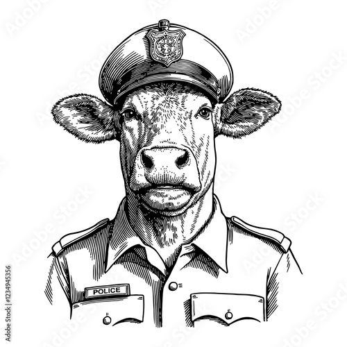 Cow in Police Uniform Detailed Black and White Outline Line Art Drawing