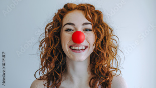 Redhead woman playfully wearing a red clown nose.