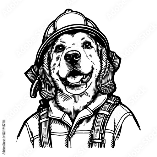 Smiling Dog Head with Firefighter Helmet and Suit Black and White Outline Line Art Drawing