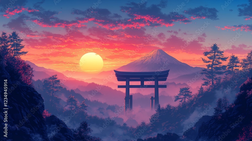 Serene Sunset at Mount Fuji: A Digital Painting of Tranquility Serene Sunset at Mount Fuji: A Digital Painting of Tranquility