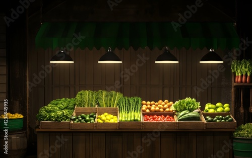 Vibrant vegetable market display featuring fresh produce under warm lighting in a rustic setting photo