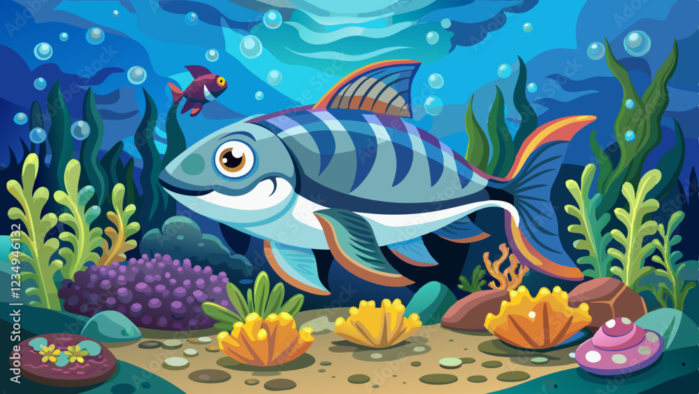 Naklejka premium Colorful illustration of a tropical fish swimming in a vibrant underwater environment with coral, plants, bubbles, and a smaller fish in the background