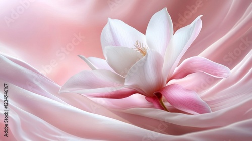 Delicate Pink Magnolia Blossom on Soft Silk Fabric