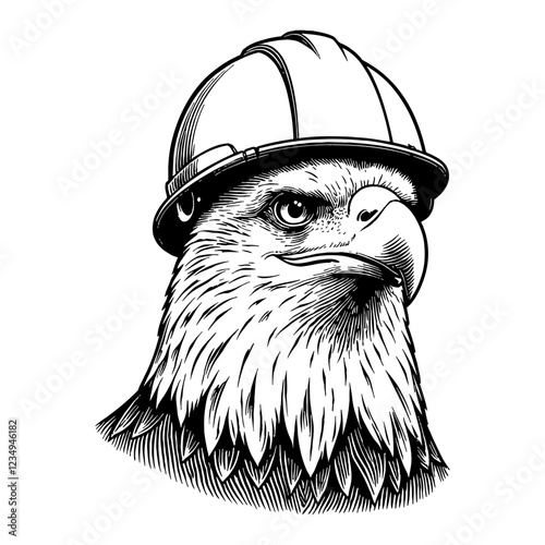 Eagle Head Wearing a Construction Helmet Black and White Outline Line Art Drawing