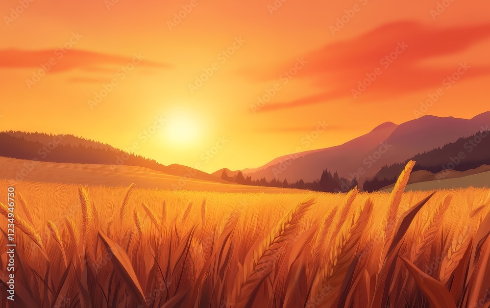 Serene sunset over golden wheat fields with distant mountains, creating a tranquil rural landscape Serene sunset over golden wheat fields with distant mountains, creating a tranquil rural landscape