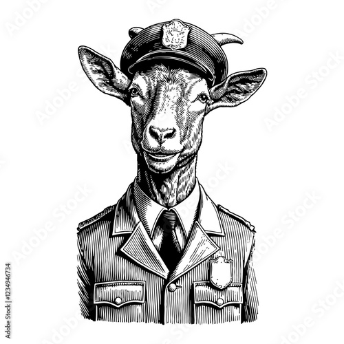 Smiling Goat Head with Police Hat and Suit in Black and White Outline Line Art Drawing