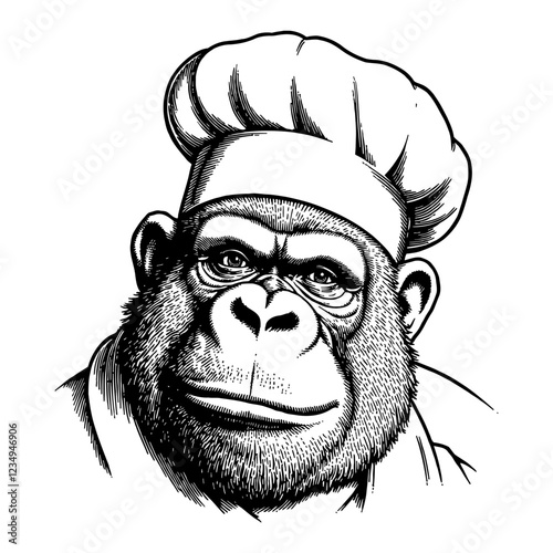 Wallpaper Mural Smiling Gorilla Humanoid Wearing Chef Hat Costume Black and White Outline Line Art Drawing Torontodigital.ca