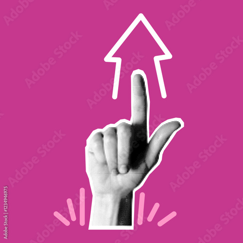 Pop art hand. Pointing finger. Direction icon. Halftone newspaper texture. Raised forefinger. Pointer arrow. Dotted newsprint. Grunge collage graphic. Human arm. Up indicating. Vector growth concept