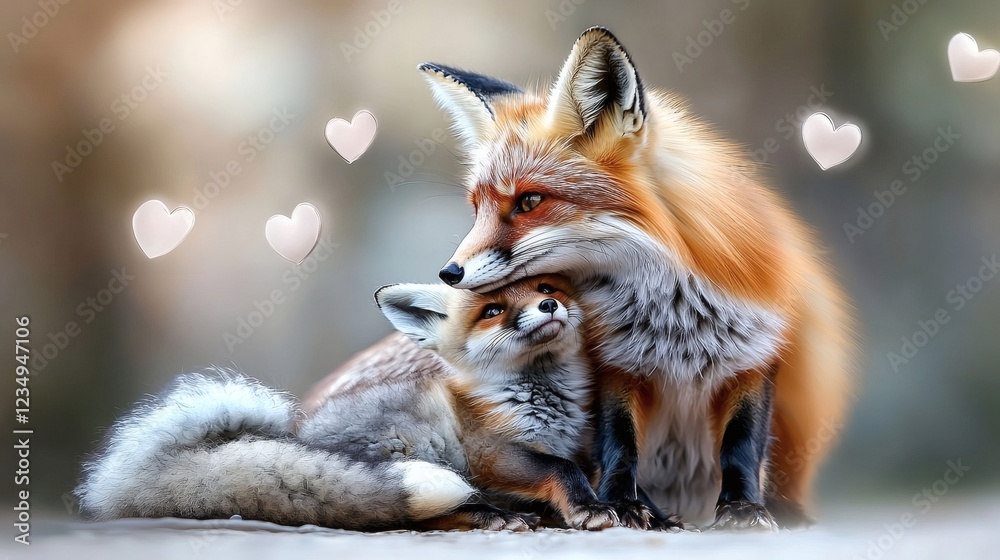 Obraz premium Tender Fox Family Embrace: A Heartwarming Wildlife Painting