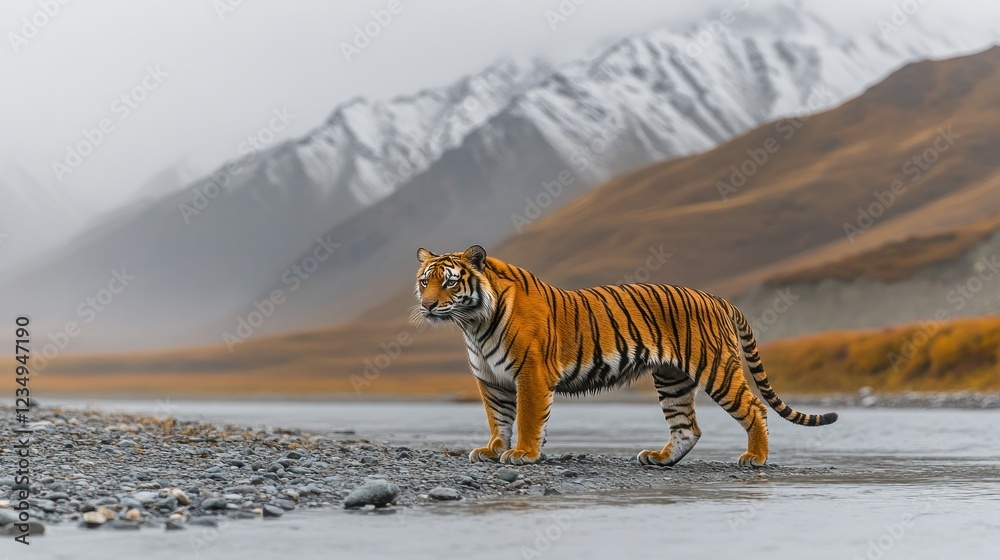Fototapeta premium Majestic tiger by river, mountain backdrop, wildlife documentary