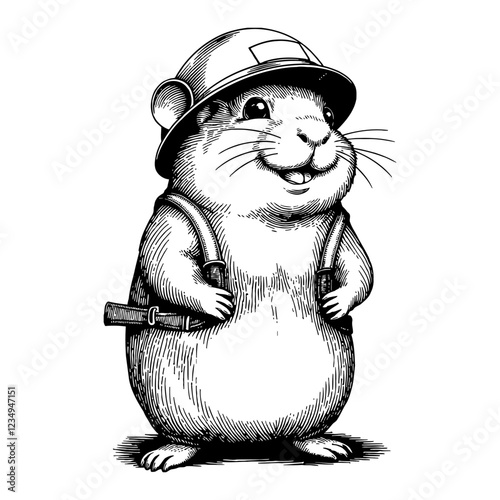 Smiling Hamster Worker Wearing Construction Helmet Detailed Black and White Outline Line Art Drawing