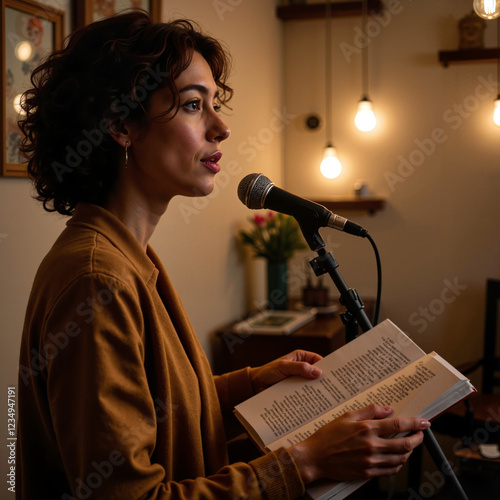 Woman reciting poetry with microphone in a cozy room
 photo