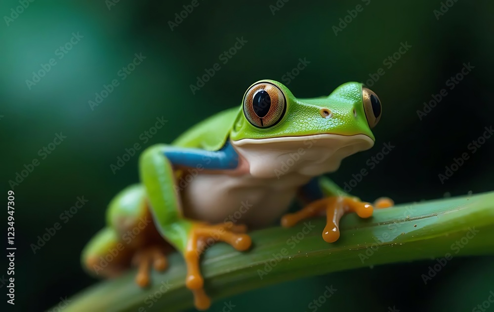 Vibrant green tree frog, extreme close-up, red eyes, orange feet, sharp focus, macro photography, blurred background, vivid colors, detailed texture, amphibian, tropical rainforest, nature photography Vibrant green tree frog, extreme close-up, red eyes, orange feet, sharp focus, macro photography, blurred background, vivid colors, detailed texture, amphibian, tropical rainforest, nature photography