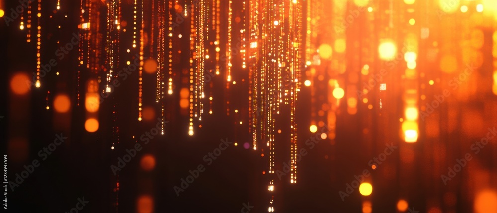 Abstract golden light particles falling down with bokeh effect on dark background, concept of celebration, festive, and digital technology Abstract golden light particles falling down with bokeh effect on dark background, concept of celebration, festive, and digital technology