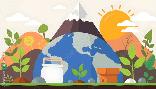 Protecting the environment and protecting our world. Caring for the planet, recycling waste, growing plants and renewing resources. Flat style. Vector illustration, close-up, with white tones
