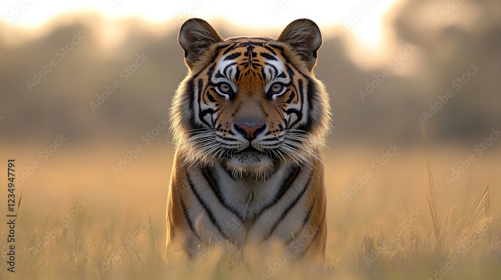 Fototapeta Majestic tiger in tall grass at sunset; wildlife conservation