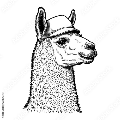 Llama Smiling Wearing a Hat Detailed Black and White Outline Line Art Drawing Isolated