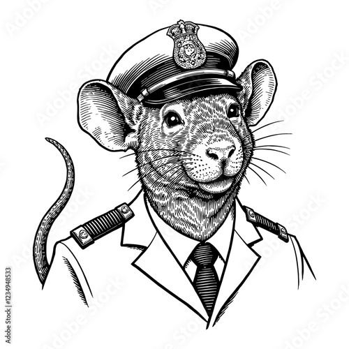Smiling Rat in Police Uniform with Hat Detailed Black and White Outline Line Art Drawing