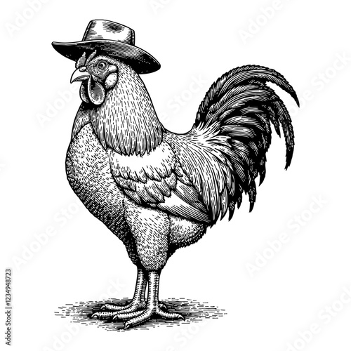 Rooster with Cowboy Hat in Detailed Black and White Outline Line Art Drawing Illustration