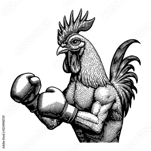 Humanoid Rooster Wearing Boxing Gloves in Punching Pose Black and White Outline Line Art Drawing