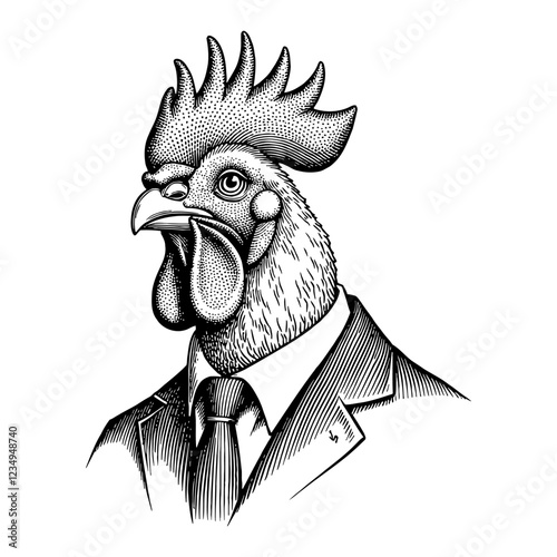 Rooster Head with Humanoid Body Wearing Business Suit Black and White Outline Line Art Drawing