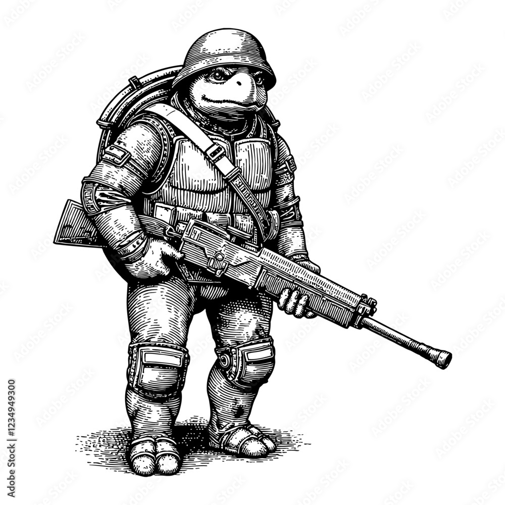 Turtle Humanoid in Military Costume with Helmet Detailed Black and White Outline Line Art Drawing Turtle Humanoid in Military Costume with Helmet Detailed Black and White Outline Line Art Drawing