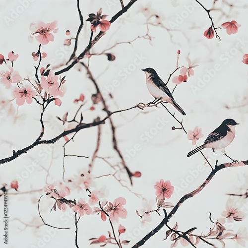 Blossoming cherry seamless patter, tree branches with birds perched among pink flowers in springtime