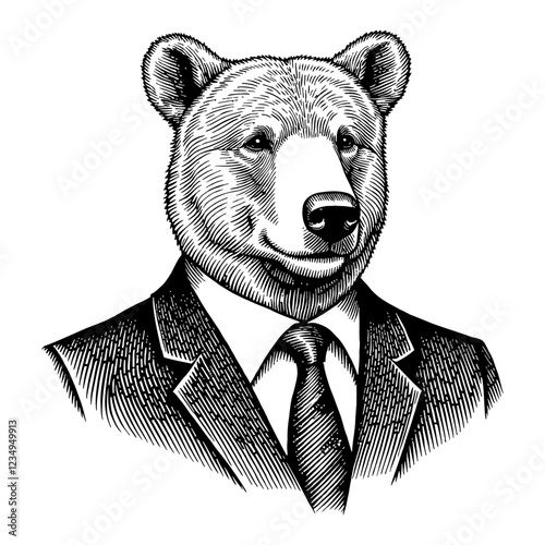 Smiling Bear Head with Humanoid Body Wearing Business Suit Black and White Outline Line Art Drawing