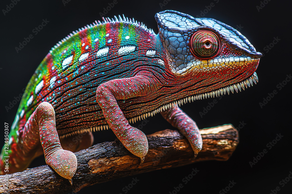 Fototapeta premium Colorful chameleon blending into surroundings while perched on branch in lush habitat