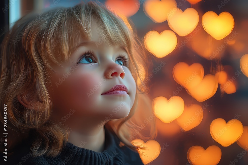 A Little Girl Looks Out A Window At Heart-Shaped Lights. She'S Wearing A Dark Sweater And Has Blonde Hair. The Scene Is Warm And Inviting, With A Dreamy, Magical Feel. A Little Girl Looks Out A Window At Heart-Shaped Lights. She'S Wearing A Dark Sweater And Has Blonde Hair. The Scene Is Warm And Inviting, With A Dreamy, Magical Feel.