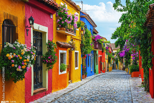 Colorful street in a Mediterranean town adorned with blooming flowers and cobblestone pathways